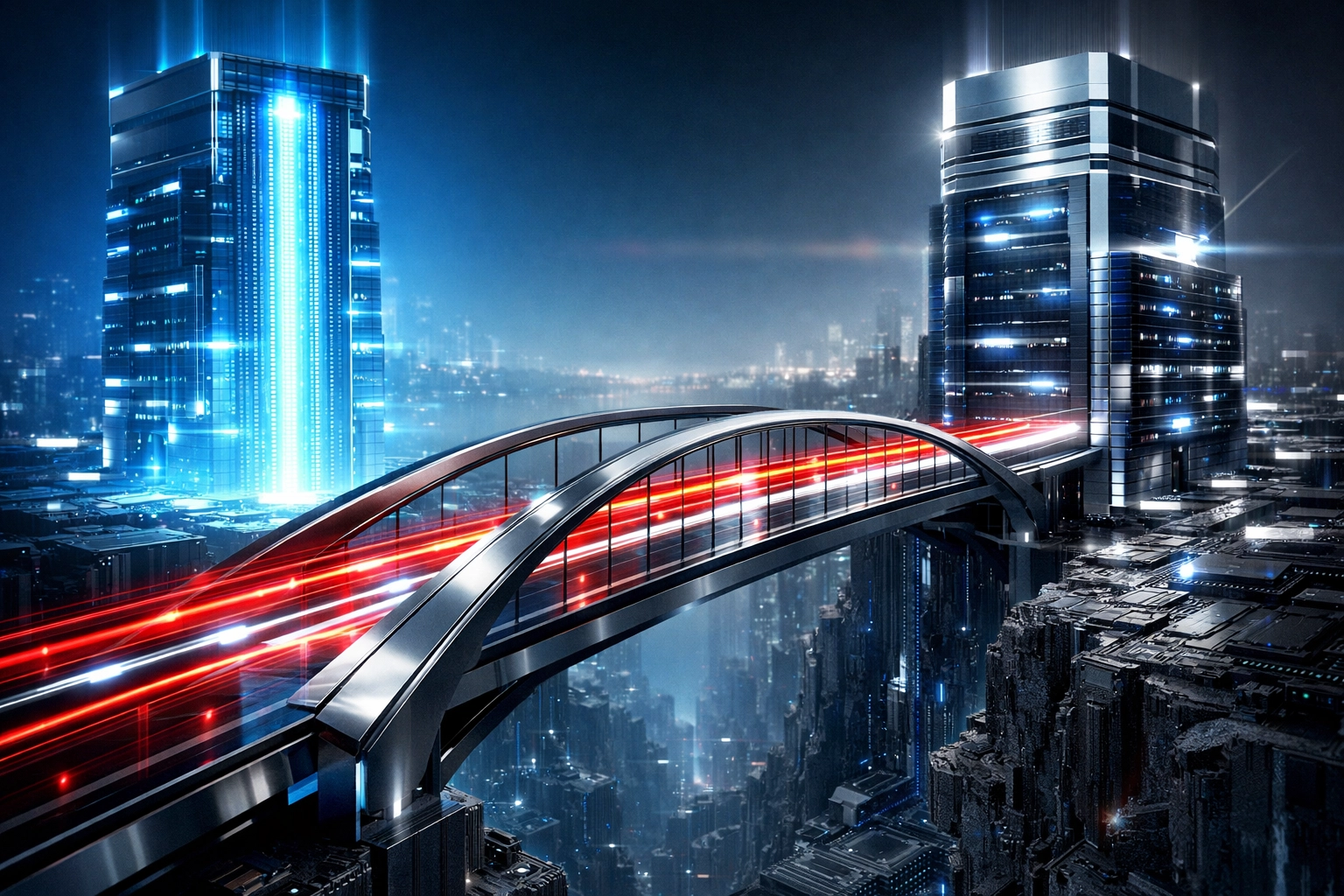 Digital bridge linking data towers to represent the partnership between Proactive Risk and ComTec Systems.