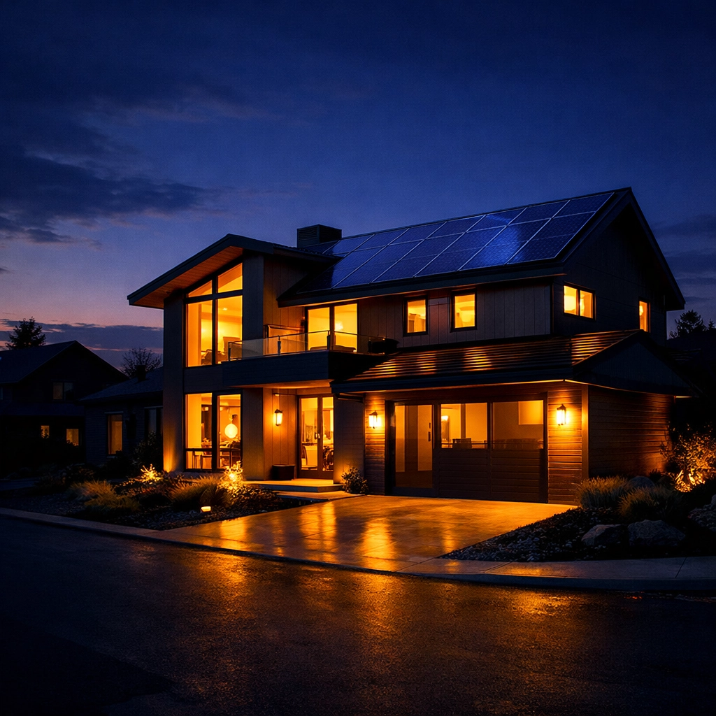 A modern eco-home with solar panels providing backup power during a neighborhood blackout.