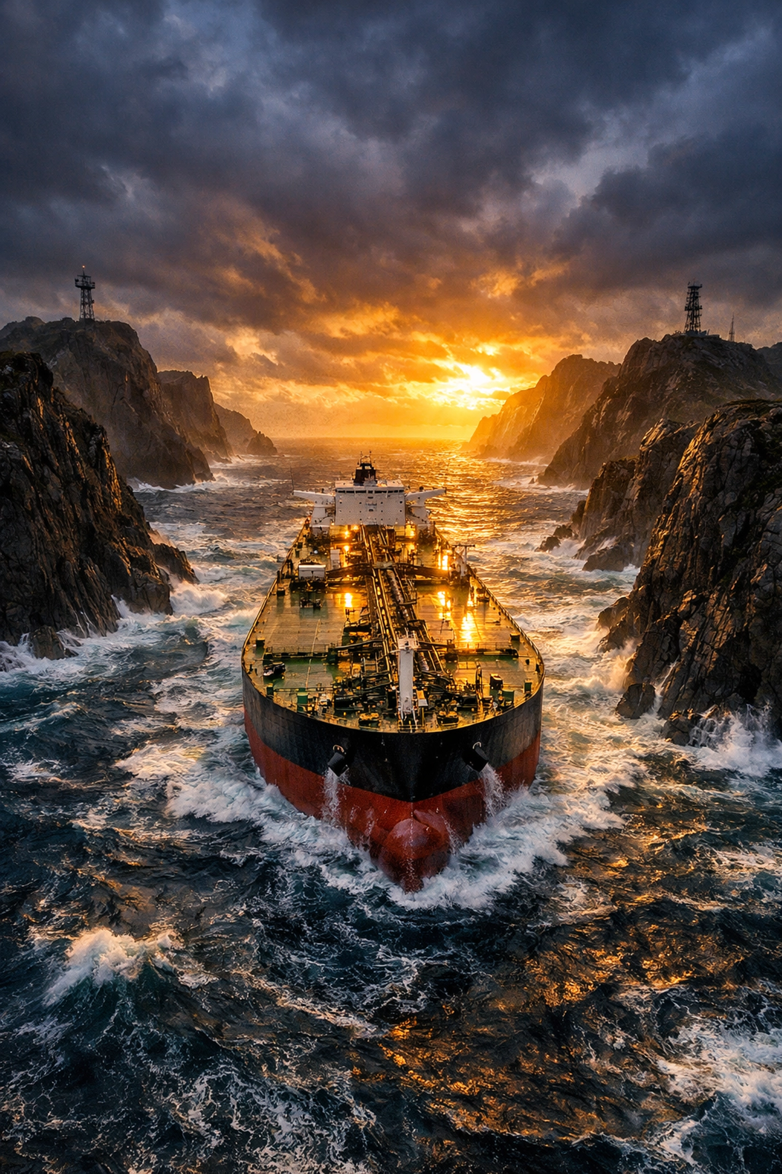 Oil tanker navigating a narrow sea passage, symbolizing the Strait of Hormuz and global supply chain risks.