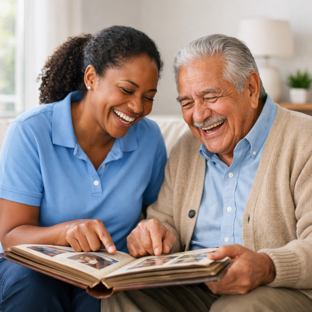 Professional caregiver and Hispanic senior laughing together in a modern Fauquier County home.