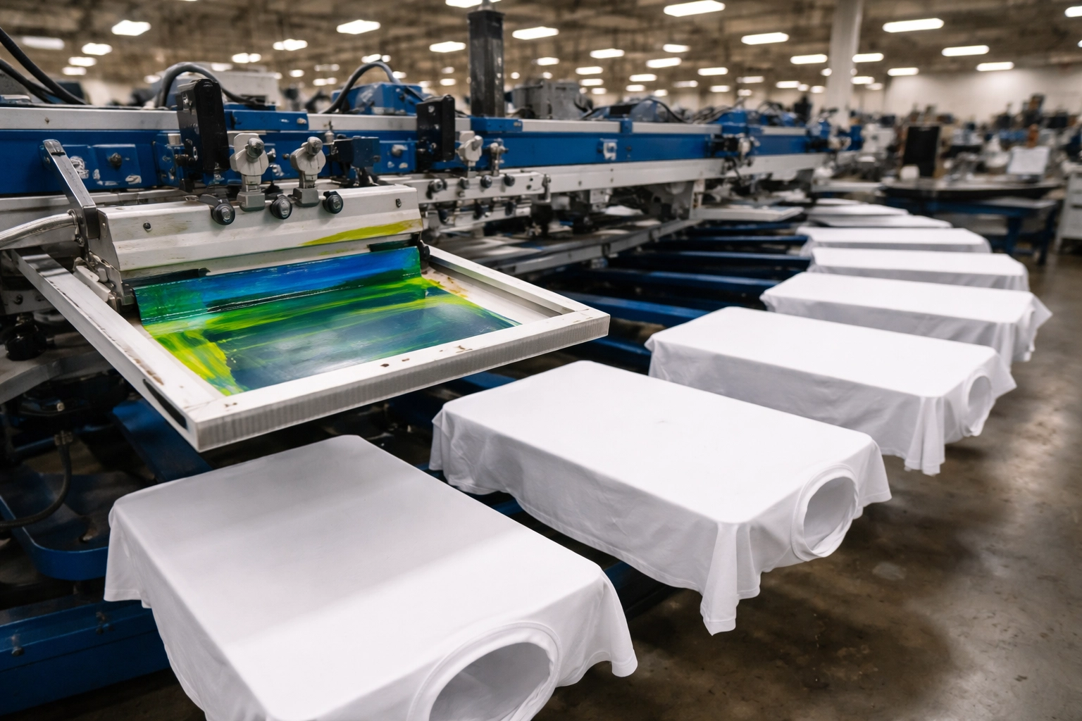 Screen printing production floor with equipment and blank shirts ready for custom apparel printing