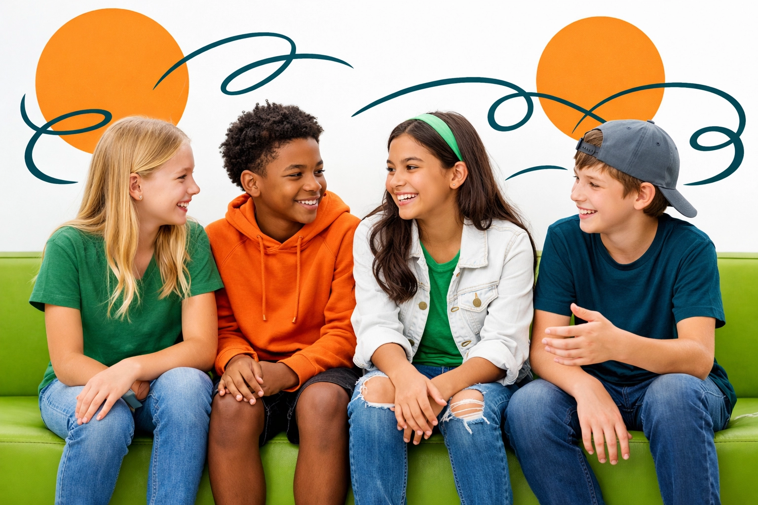 Diverse group of confident pre-teens talking, showing social growth and identity in life skills training.