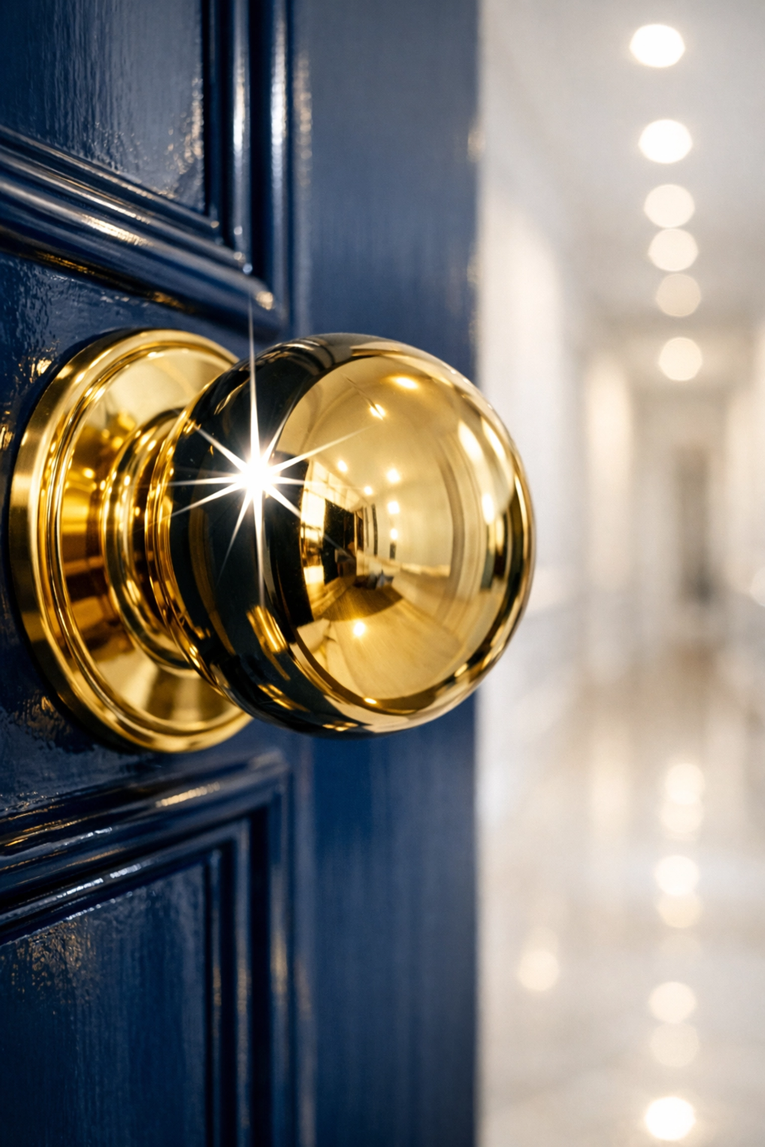 Polished brass doorknob on a navy door highlighting white-glove residential cleaning secrets for high-touch points.