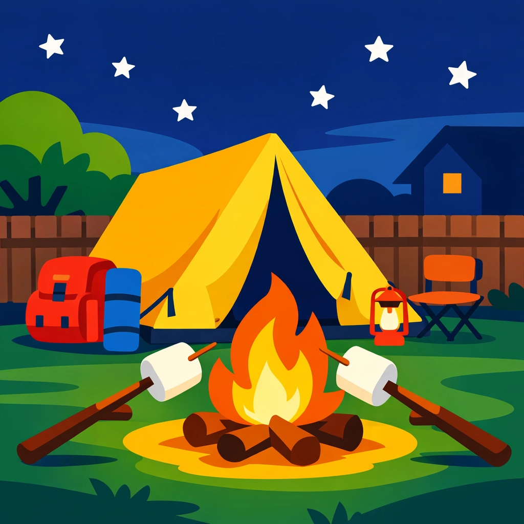Yellow camping tent and backyard campfire for a fun screen-free family adventure.