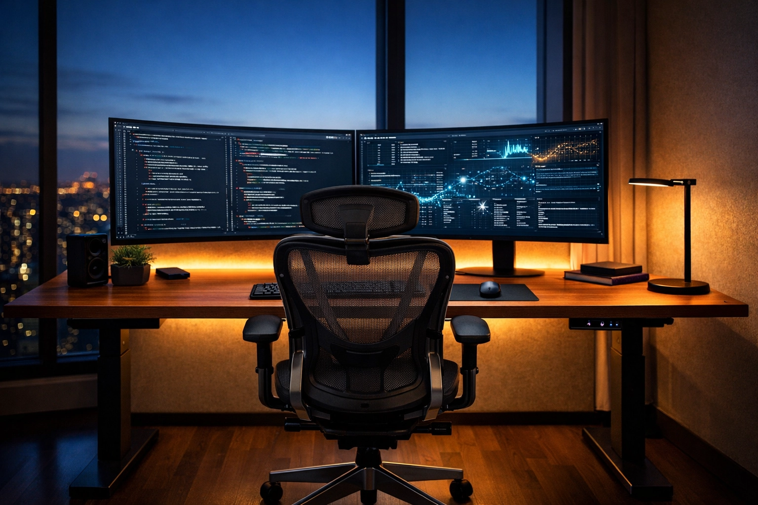 Professional home office setup with dual monitors and ergonomic chair for remote work productivity.