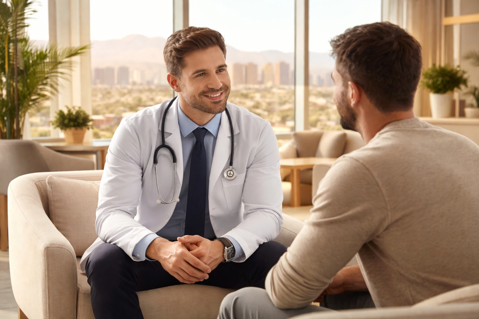Healthcare provider and patient discussing personalized testosterone therapy care in a Las Vegas clinic