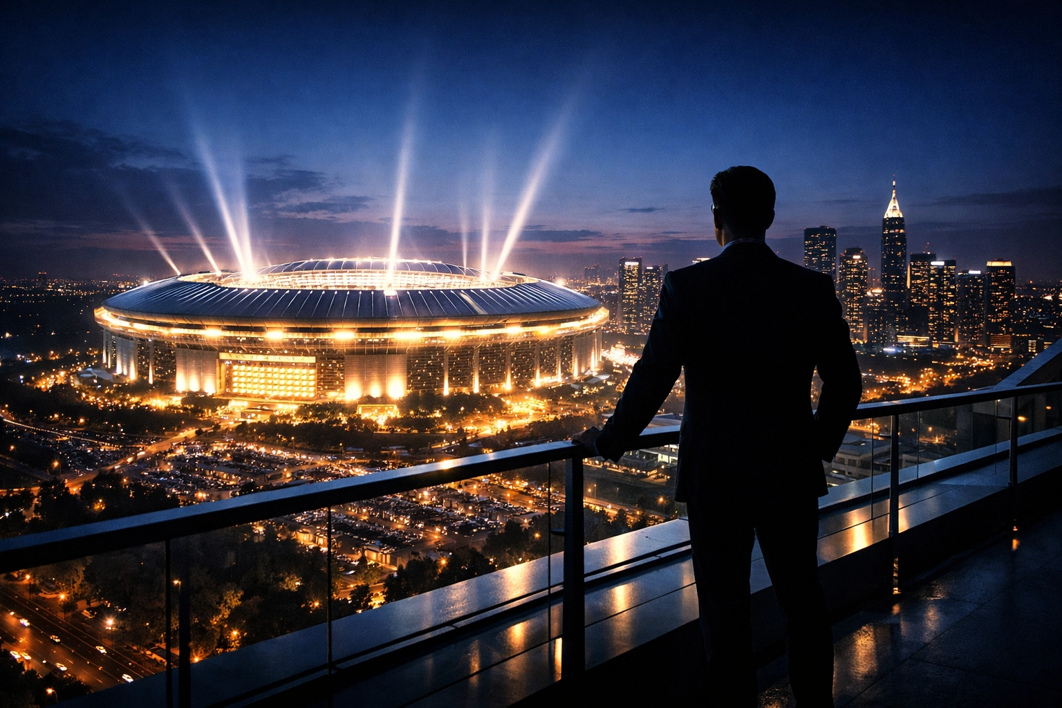 A business leader viewing an illuminated stadium to evaluate long-term media strategy and ROI.