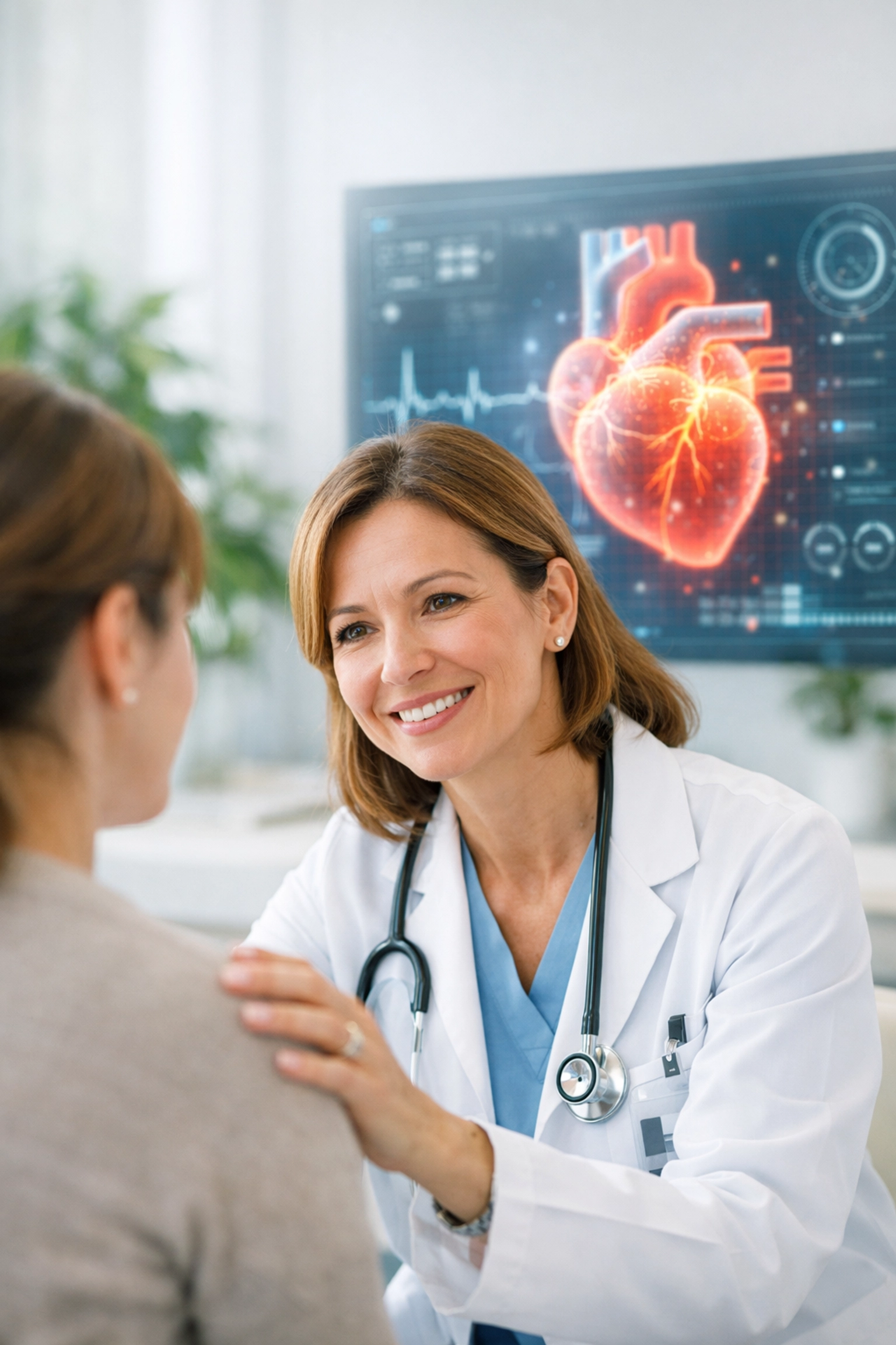 Doctor using AI medical holograms for patient diagnosis while maintaining a personal human connection.