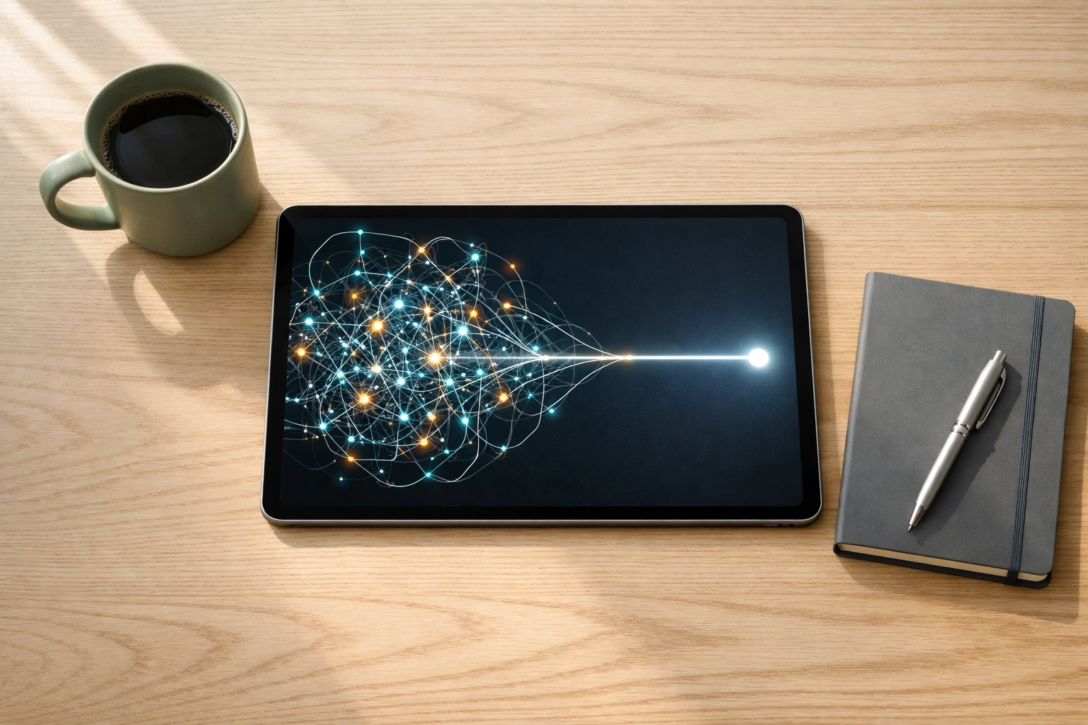 Digital network on a tablet showing a clear path for travel agency answer engine optimization strategy.