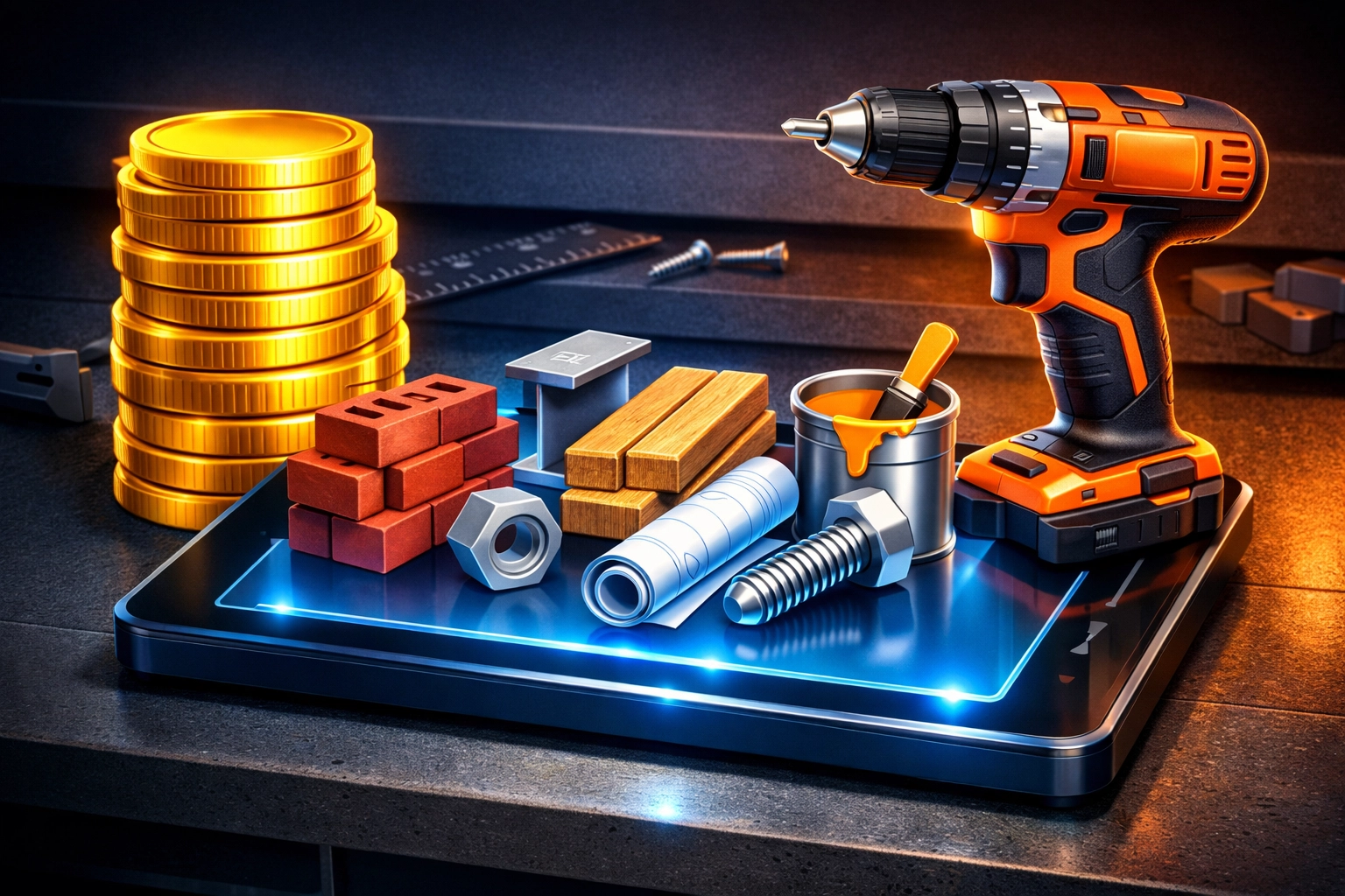 Digital marketplace tablet showing construction materials and gold coins representing job site savings.