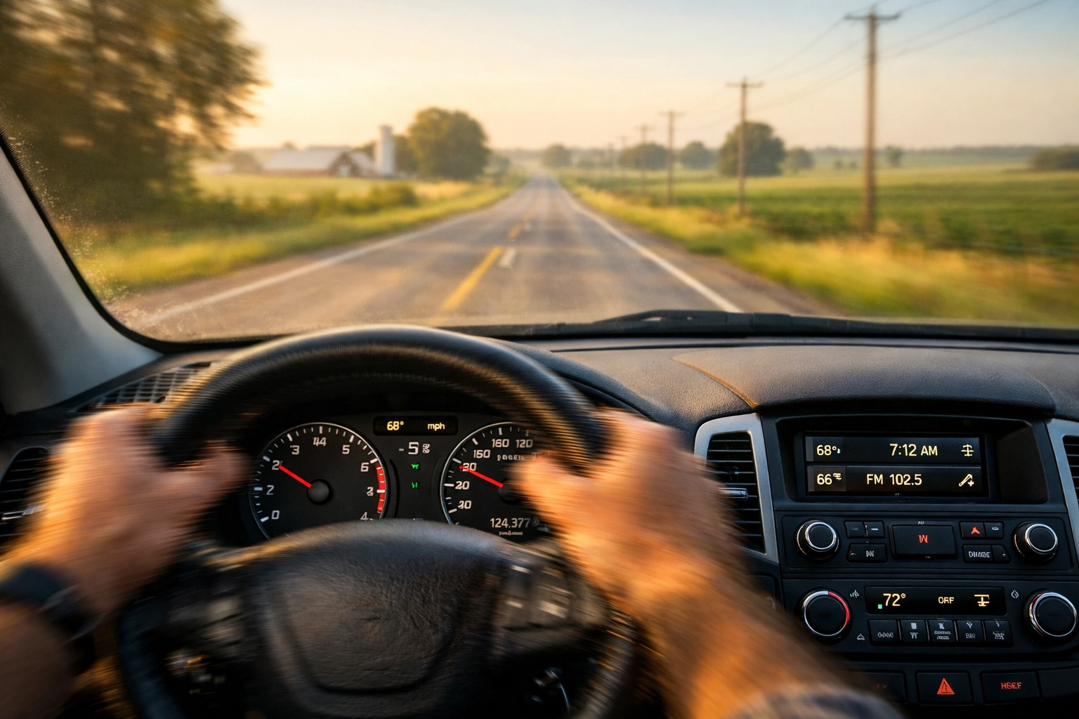 Driver feeling steering wheel vibration on a road, highlighting the need for wheel alignment in Petersburg, IL.
