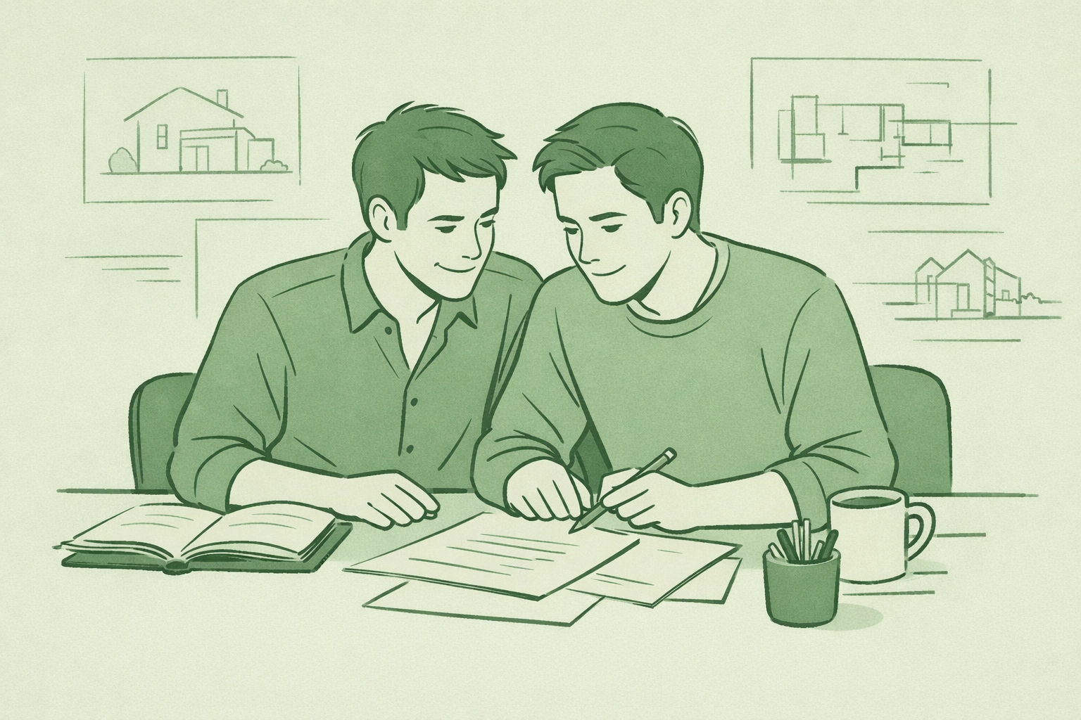 Male partners collaborating on chosen family architecture plans at workspace