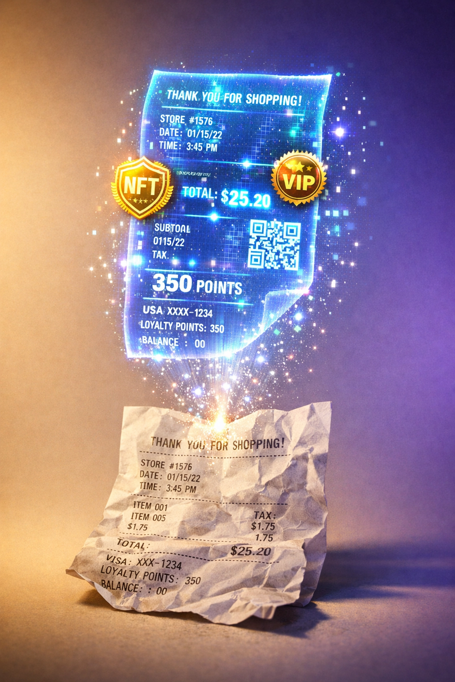 Physical receipt transforming into NFT digital receipt with embedded rewards
