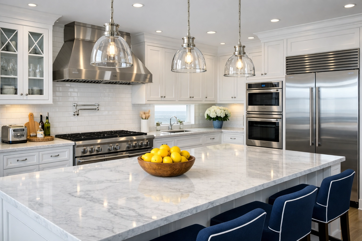 Professional deep cleaning of a high-end Cohasset kitchen with white marble countertops.