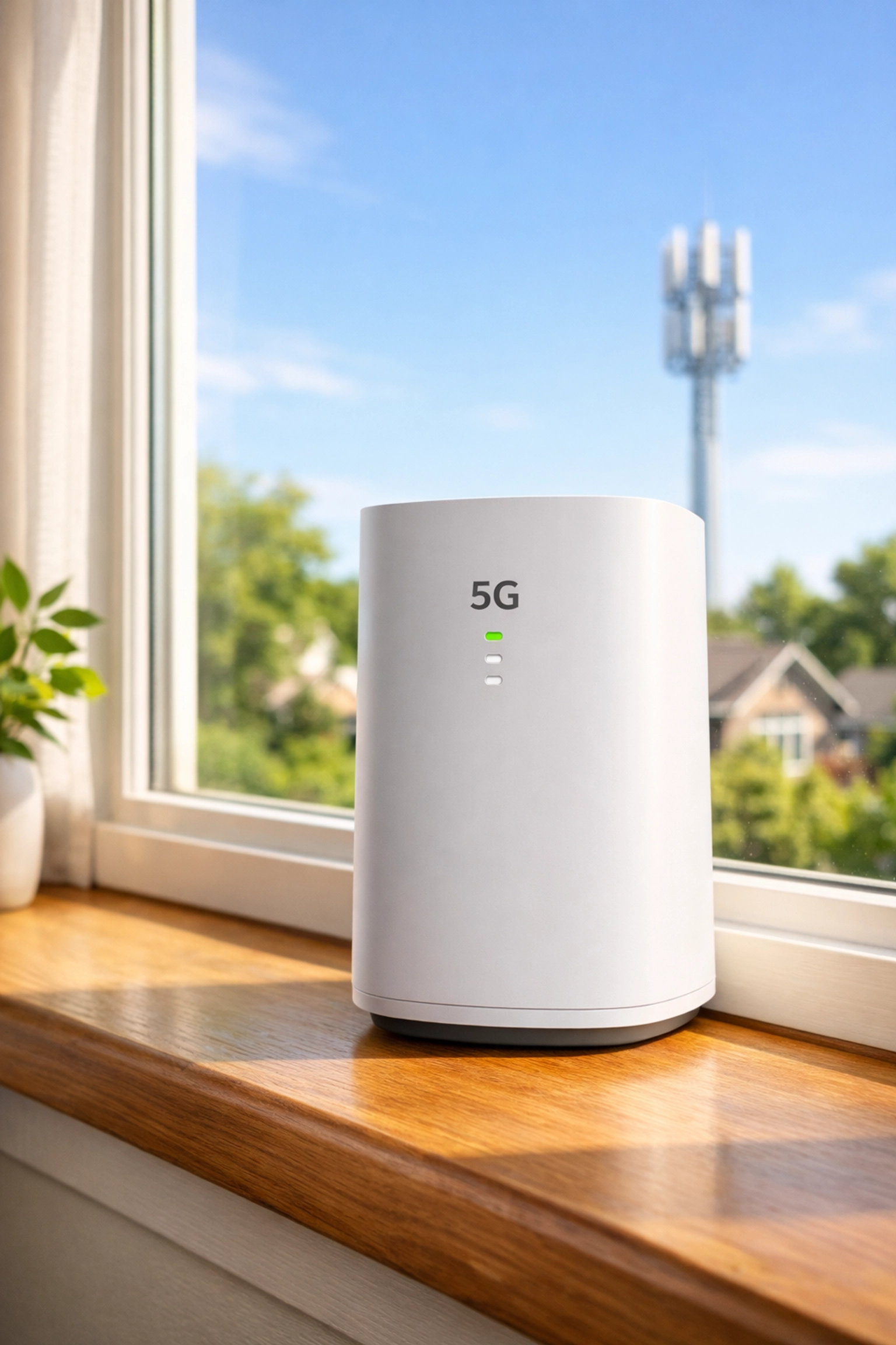 A 5G home internet gateway on a sunny windowsill offering easy plug-and-play home service setup.