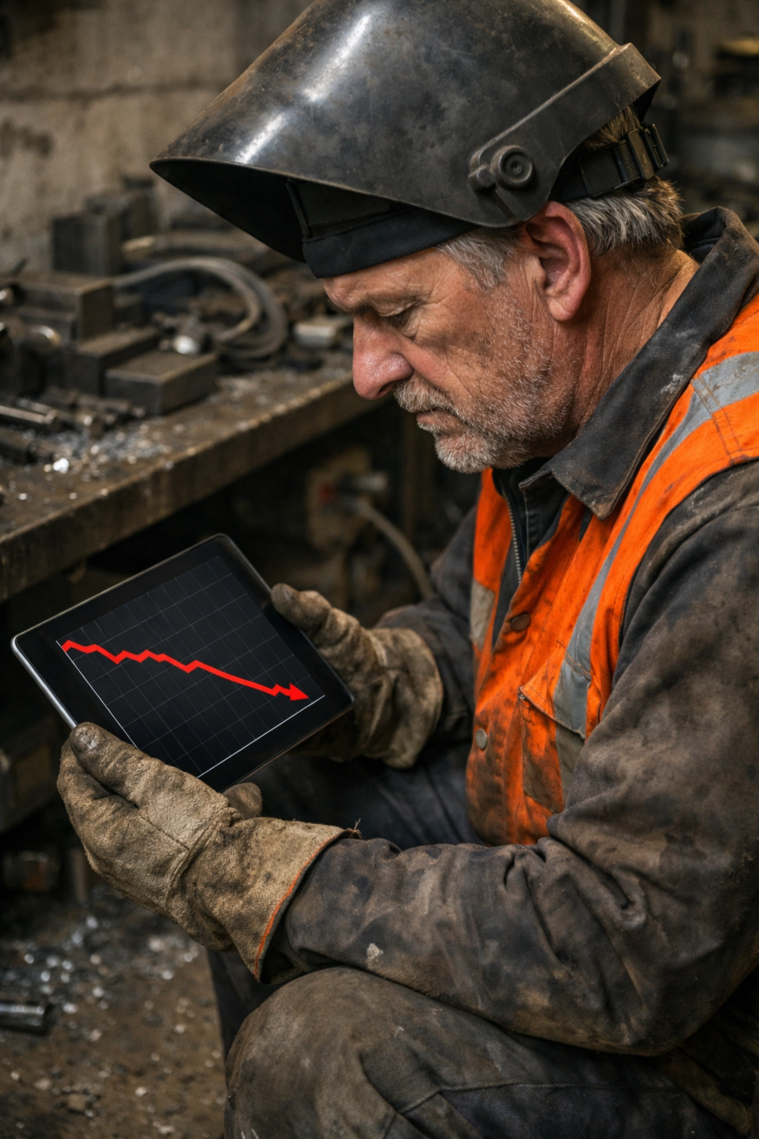 Tradesman in a workshop analyzing a financial graph on a tablet during the 2026 retirement shift.