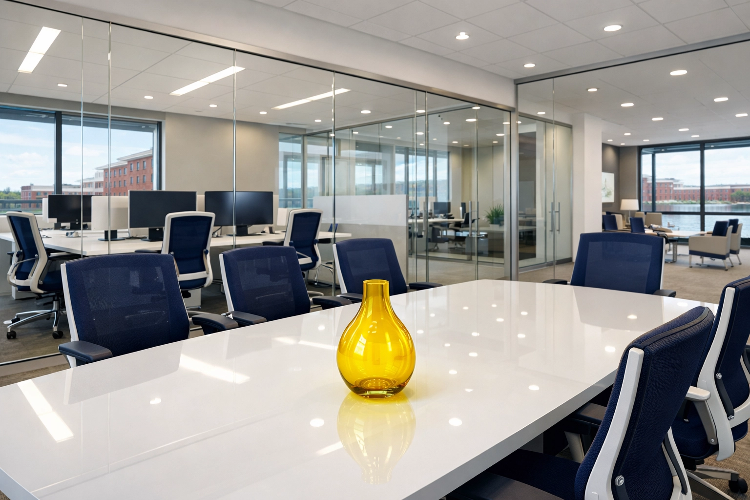 Clean, organized office in Lowell's Hamilton Canal district after professional commercial cleaning.