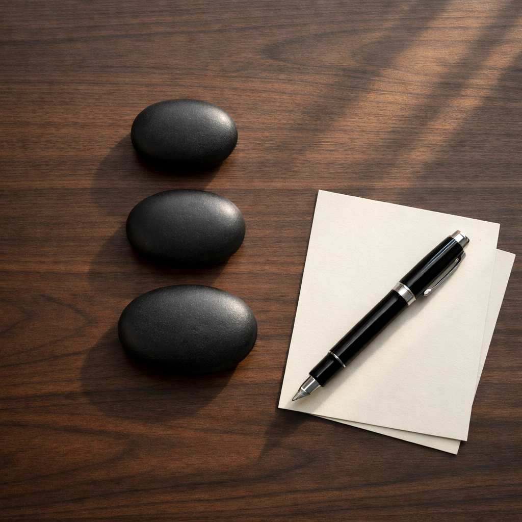 Three stones on a desk representing three key outcomes for intentional priority management in a weekly planner.
