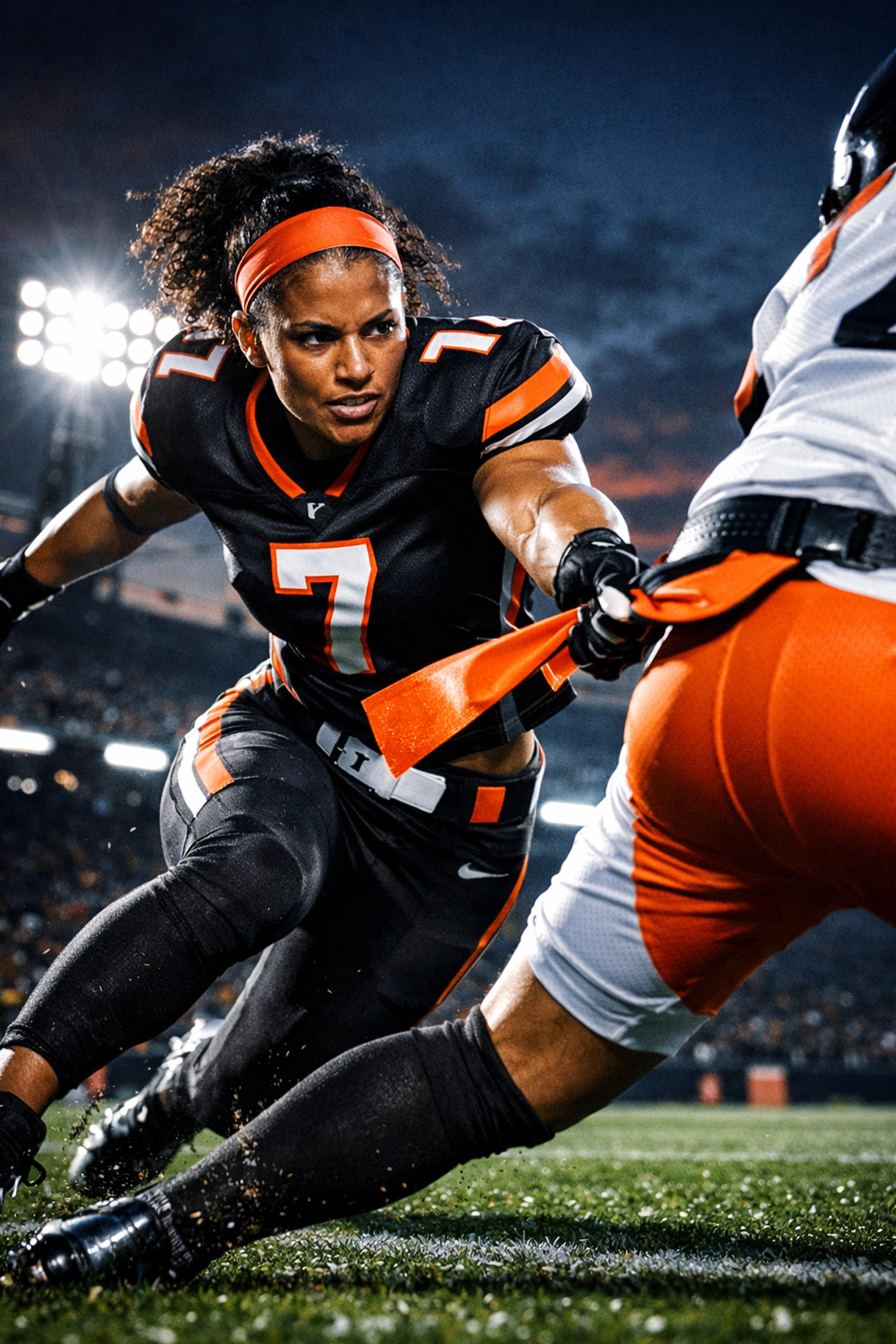 Female athlete performing a defensive flag pull during a varsity girls flag football game.