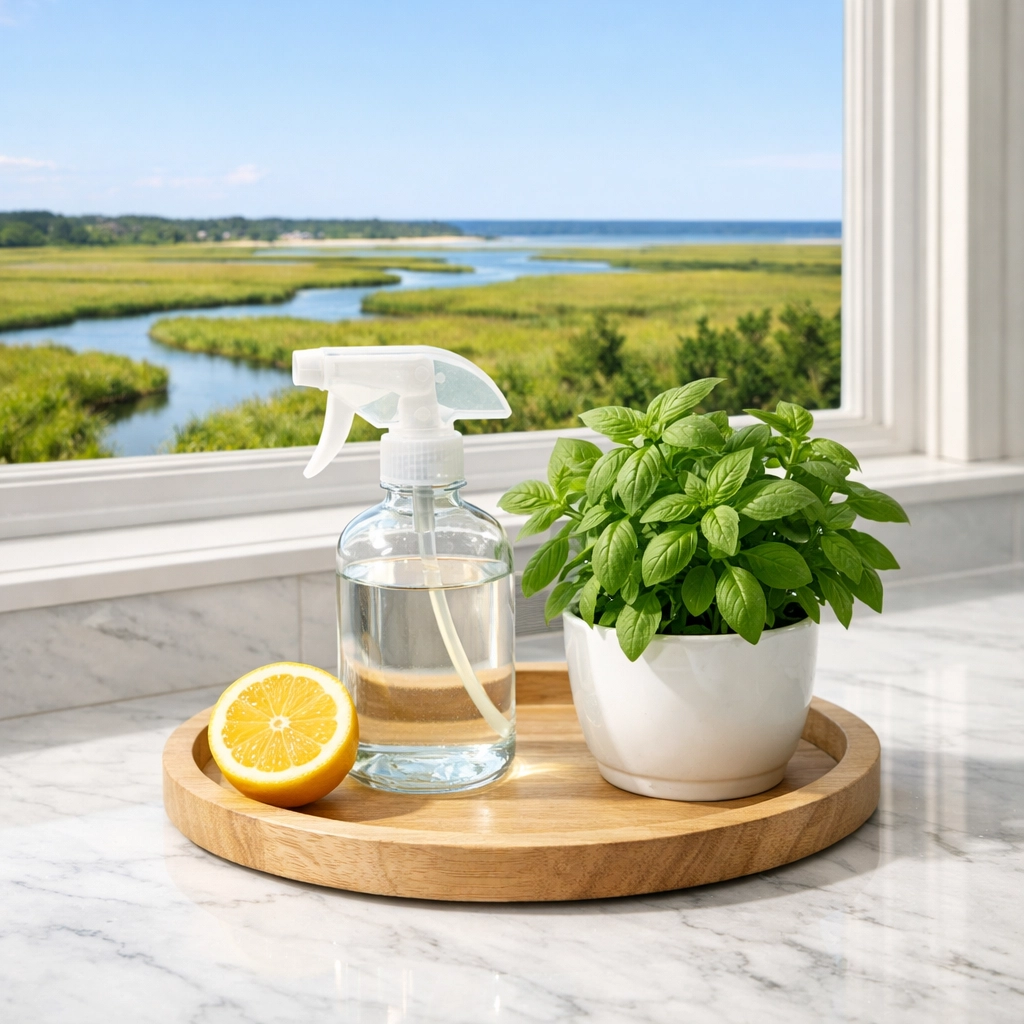 Eco-friendly home cleaning products on a white marble countertop in a Sandwich, MA kitchen.