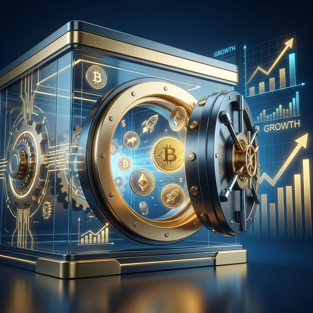 Digital vault with cryptocurrencies and data graphs, illustrating Larecoin crypto receivables for smart treasury management.