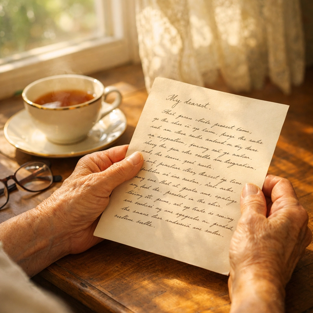 Senior holding handwritten letter by window with tea and reading glasses