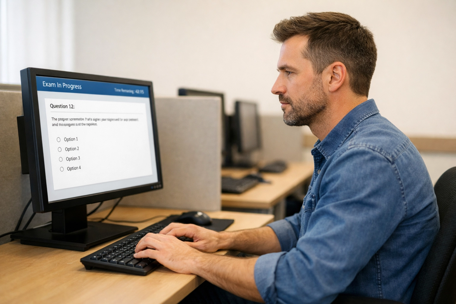 Student taking DSST exam at computer workstation in professional testing center