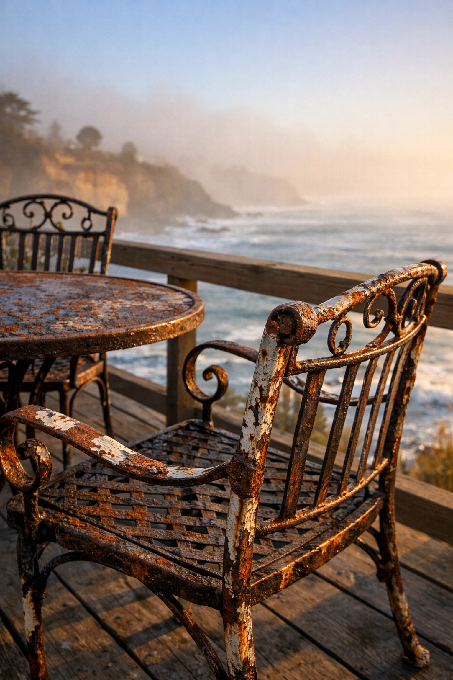 Rusty wrought iron patio furniture on a coastal deck showing corrosion from salt air exposure