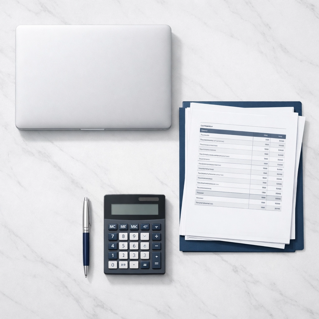 Organized desk workspace with financial documents and calculator for bookkeeping cleanup services