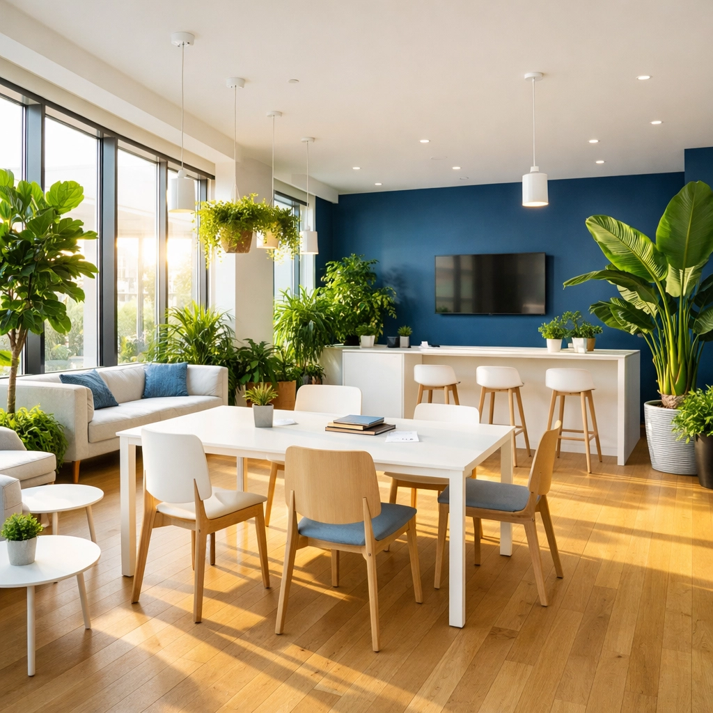 A bright, eco-friendly collaborative workspace in Holyoke with clean floors and vibrant indoor plants.