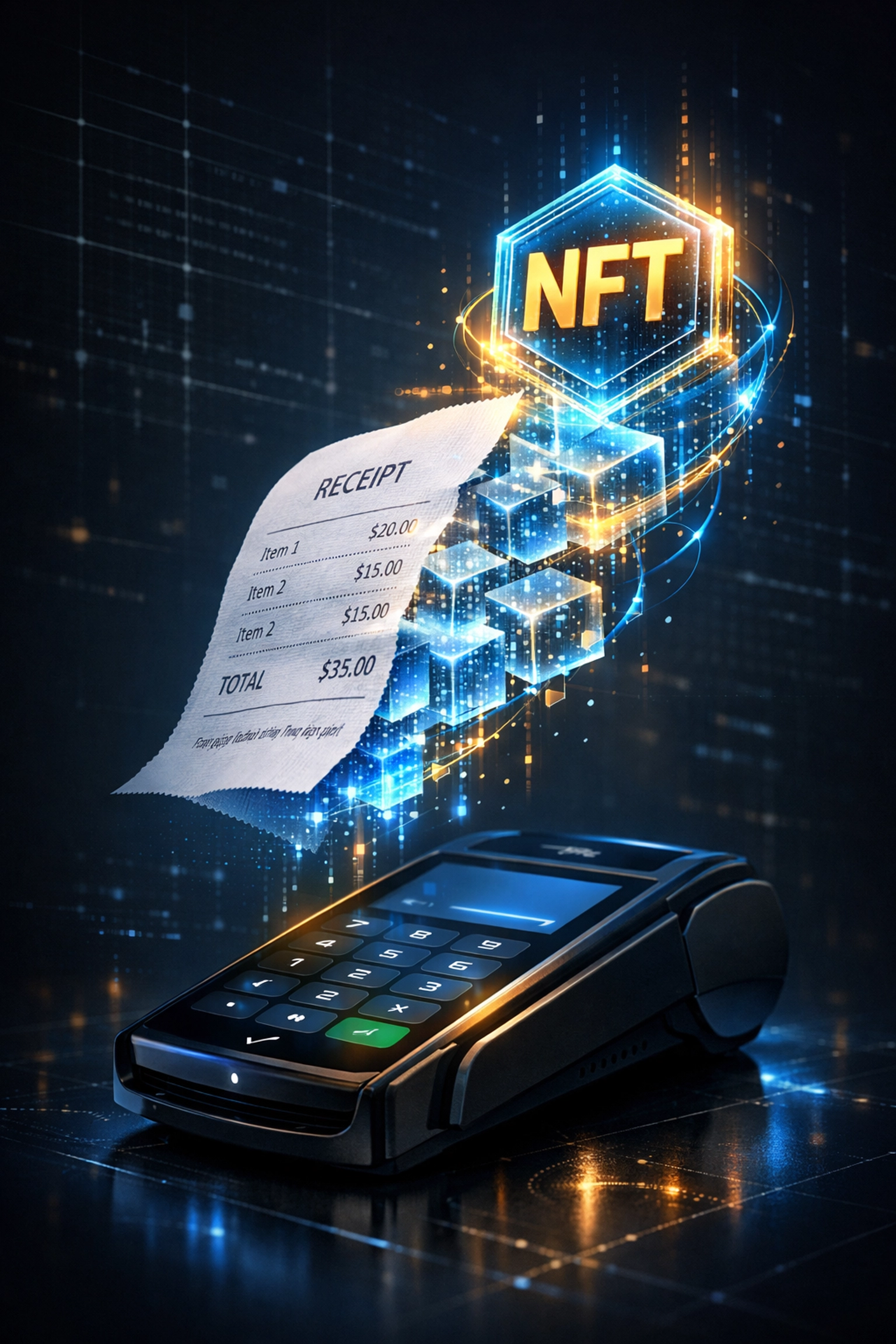 Digital receipt transforming into NFT token on blockchain for Larecoin merchant payments
