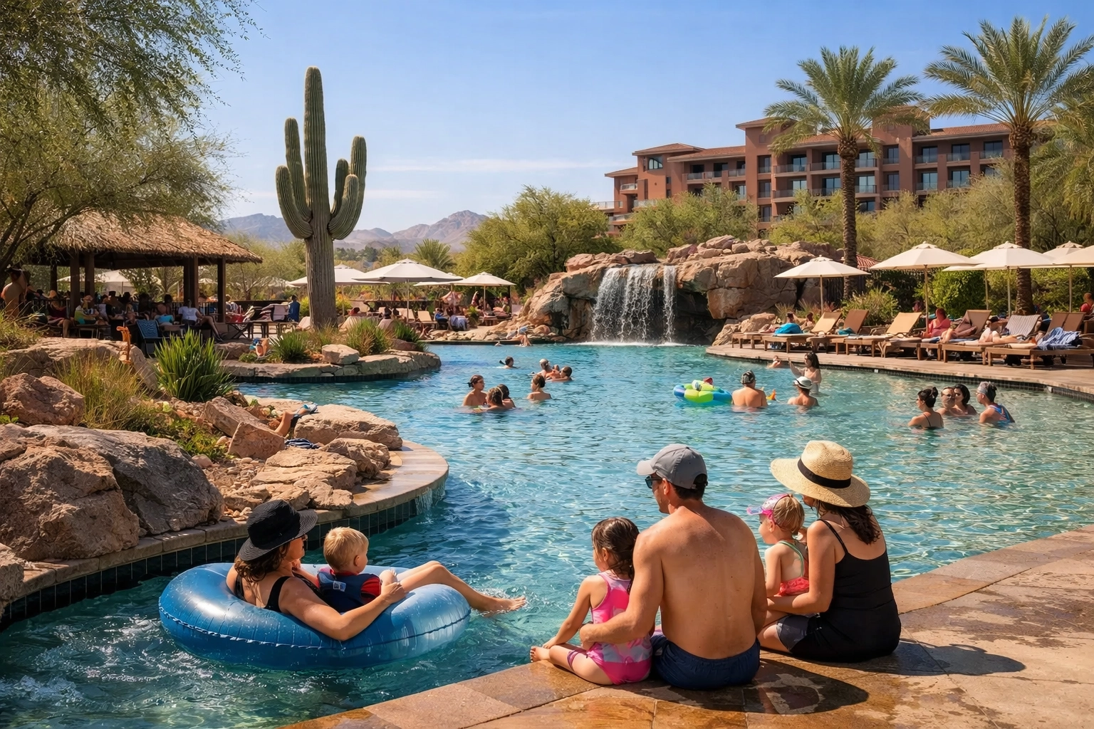 Family-friendly luxury resort pool scene in Desert Ridge with an upscale Phoenix resort feel.