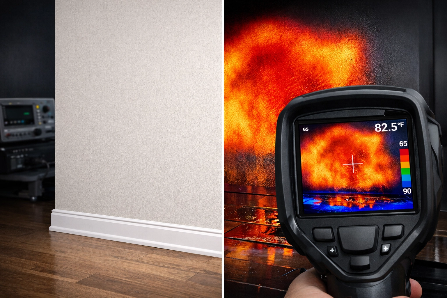 Thermal imaging camera reveals hidden moisture behind walls during water damage inspection