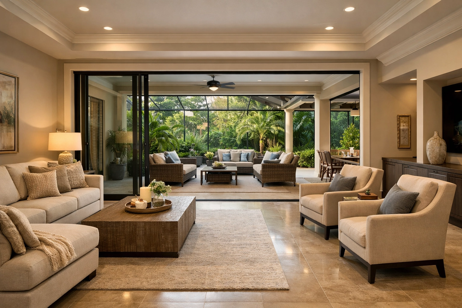 Central Florida living room renovation with polished floors leading to a modern screened-in lanai and outdoor patio.