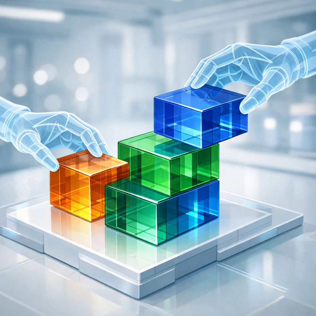 Modular content blocks representing data and citations being assembled for AI search passage retrieval.