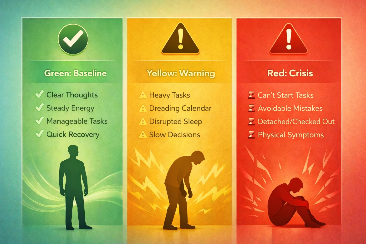 Three-column burnout diagnostic showing green, yellow, and red zones with human figures at different stress levels