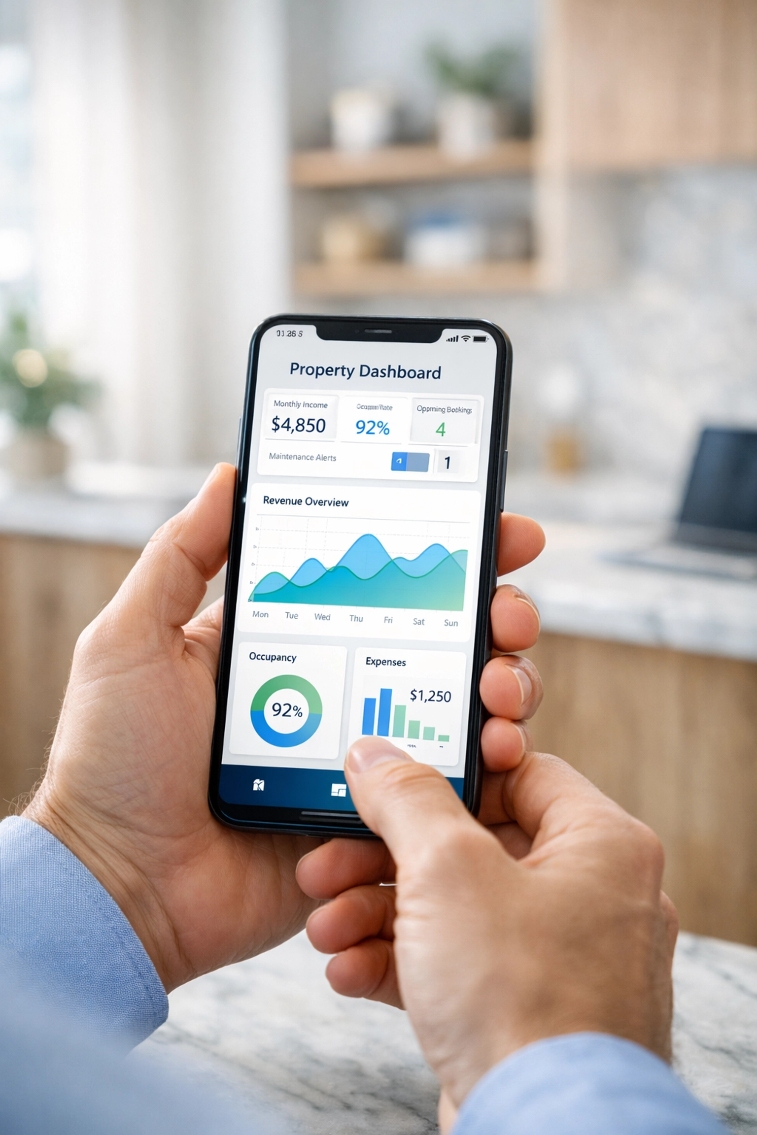 Property owner tracking investment performance through a mobile property management portal.