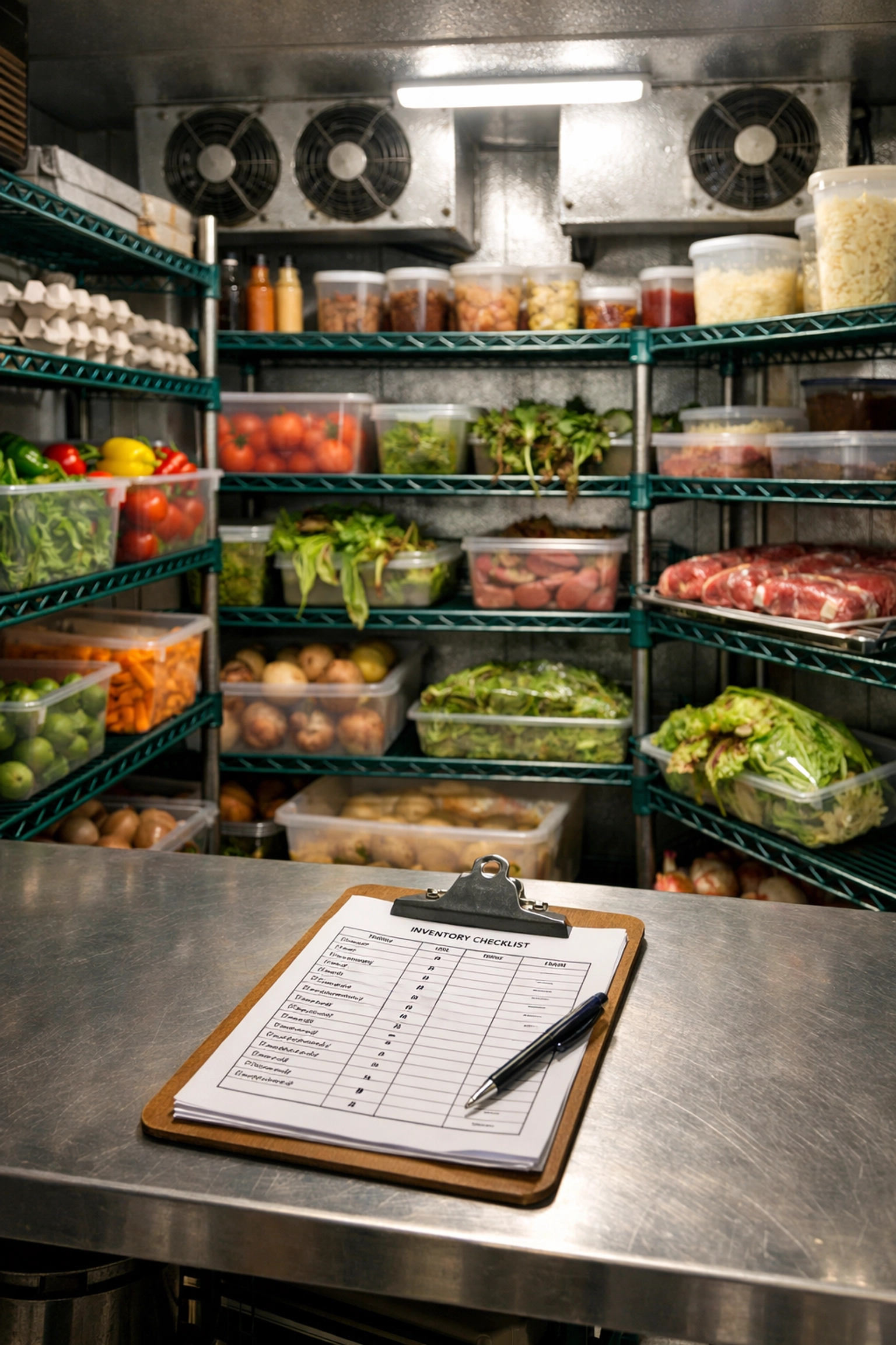 Restaurant walk-in cooler with inventory tracking clipboard showing food waste management