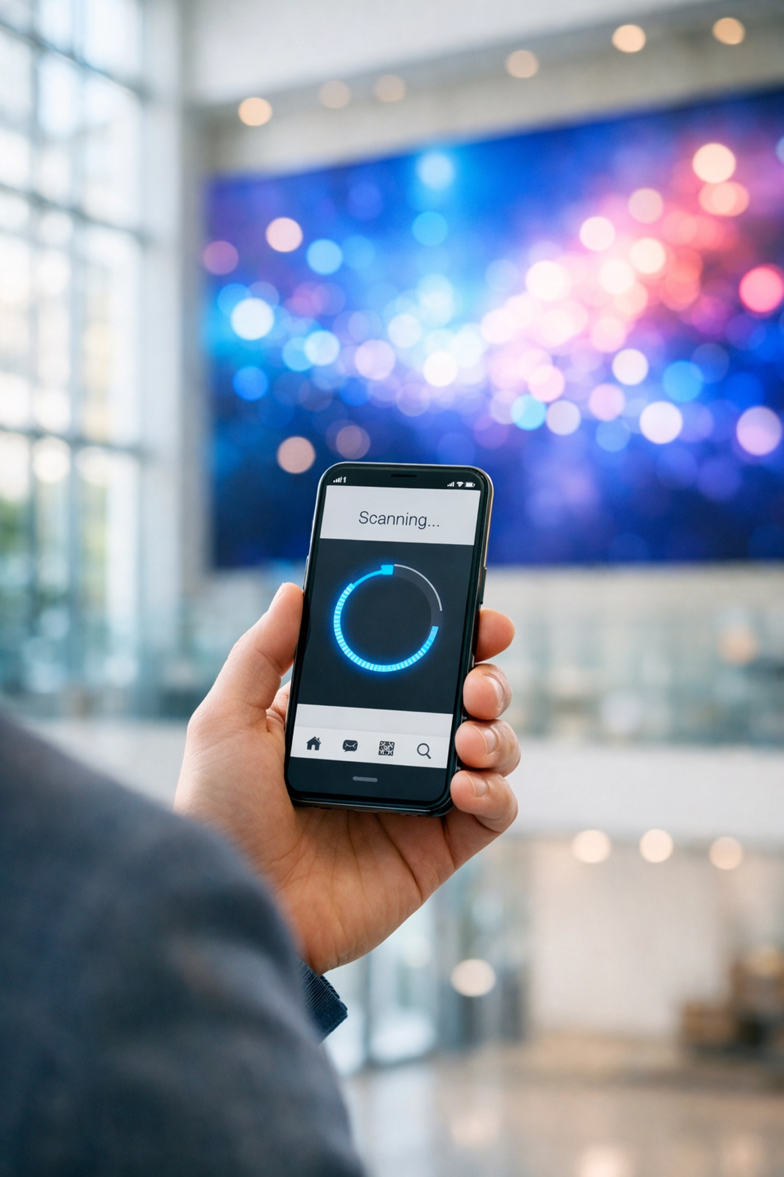 Omnichannel brand integration showing a person interacting with an interactive digital media display.