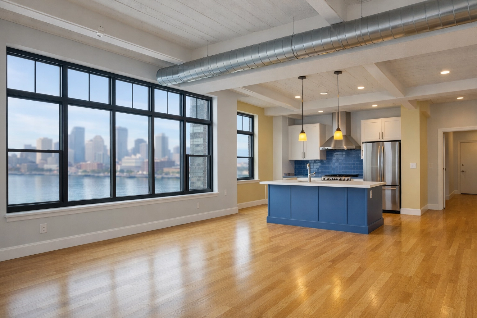 Empty Seaport loft with vacuumed floors ready for move-out after apartment cleaning Boston.