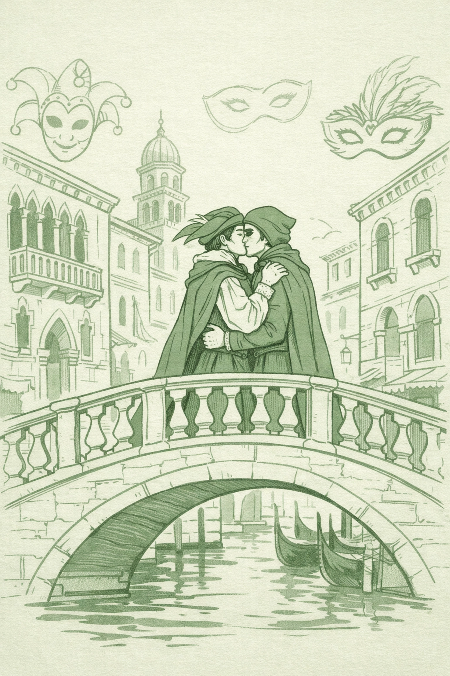 Gay romance illustration: two men embracing on Venetian bridge during Carnival masquerade festival
