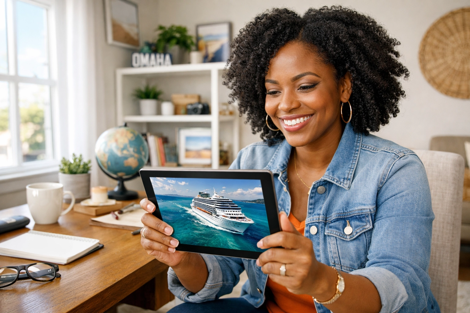 An Omaha cruise travel agent helps a client research luxury cruise deals on a tablet.
