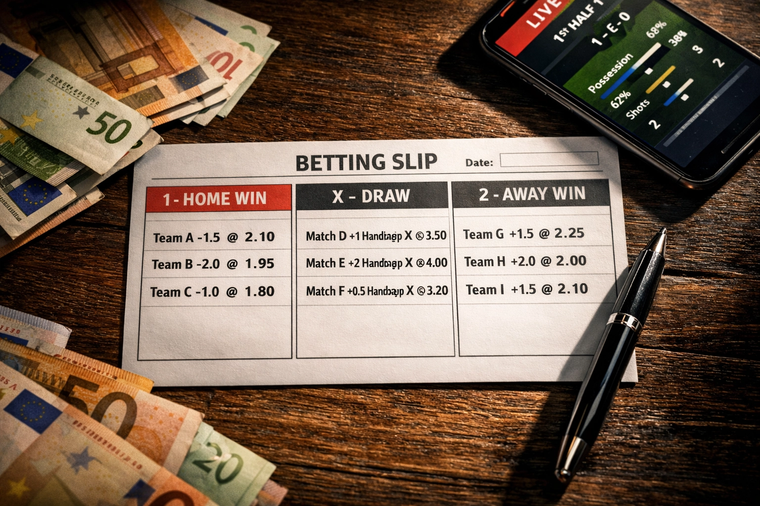 Wettschein mit 3-Wege-Wette: Heimsieg, Unentschieden, Auswärtssieg und Handicap-Märkte