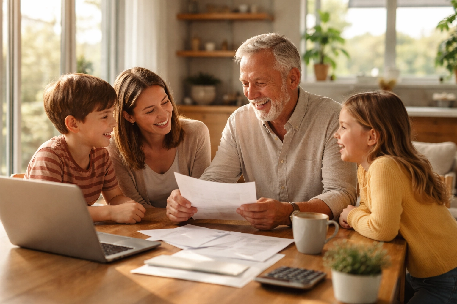 Multi-generational family discussing legacy planning around a dining table, illustrating stewardship of wealth.
