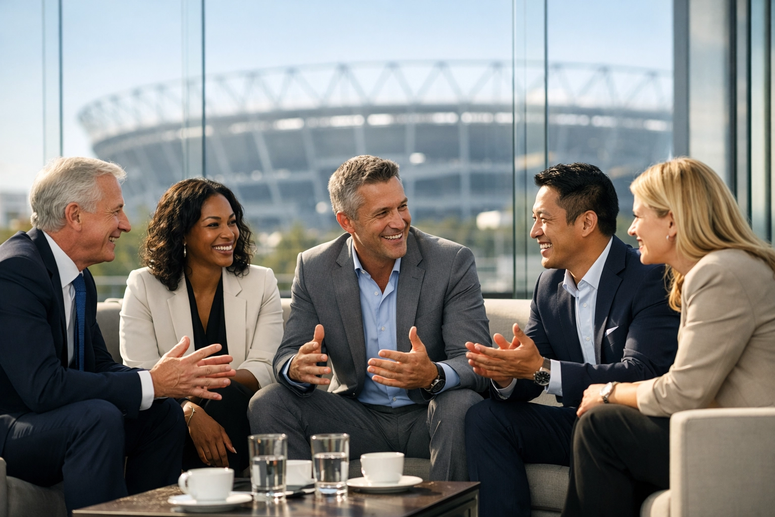 Corporate executives networking in a luxury lounge during a Super Bowl innovation summit.