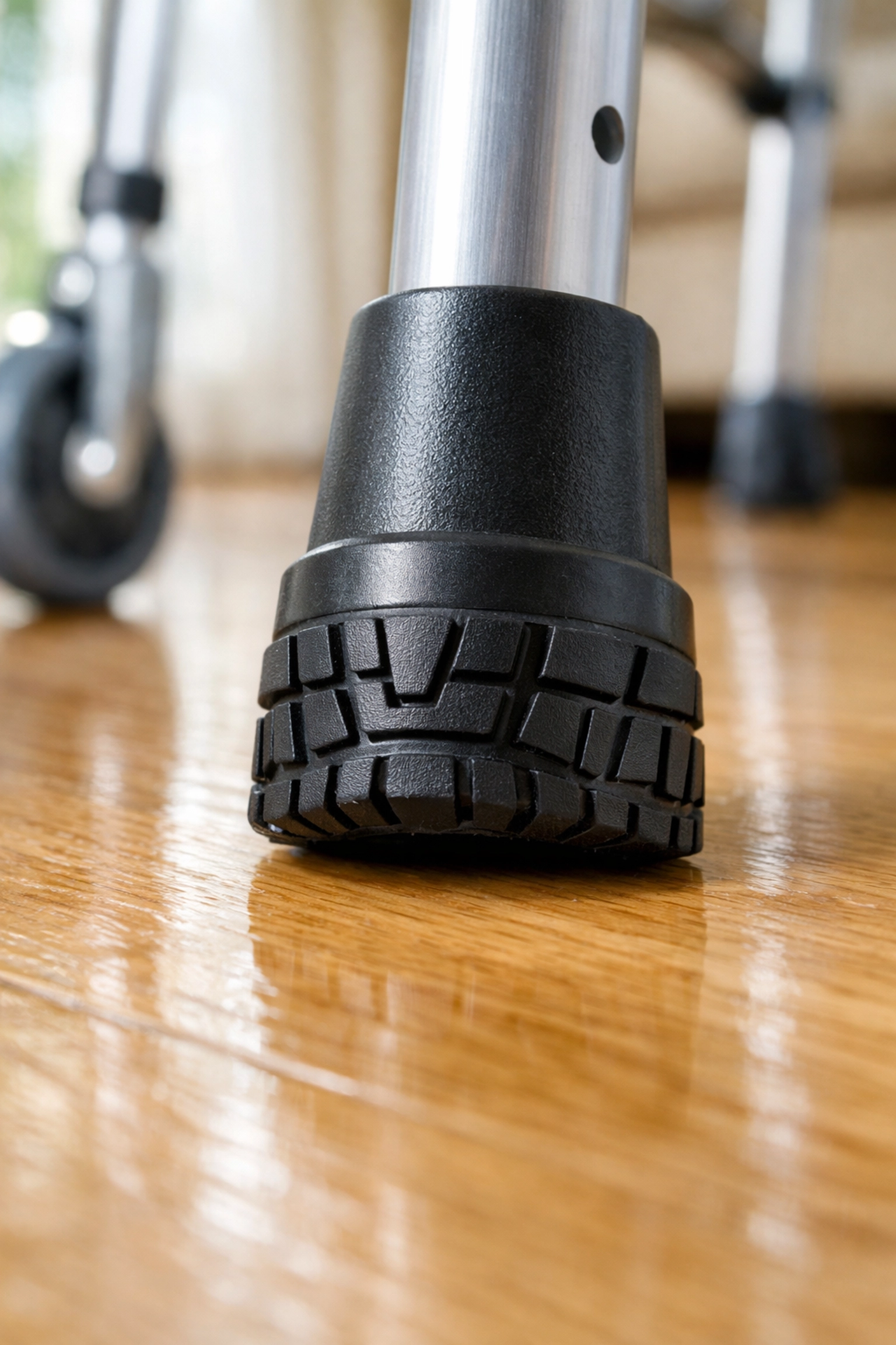 Detailed close-up of a new non-slip rubber walker tip to ensure safety and traction on hardwood floors.