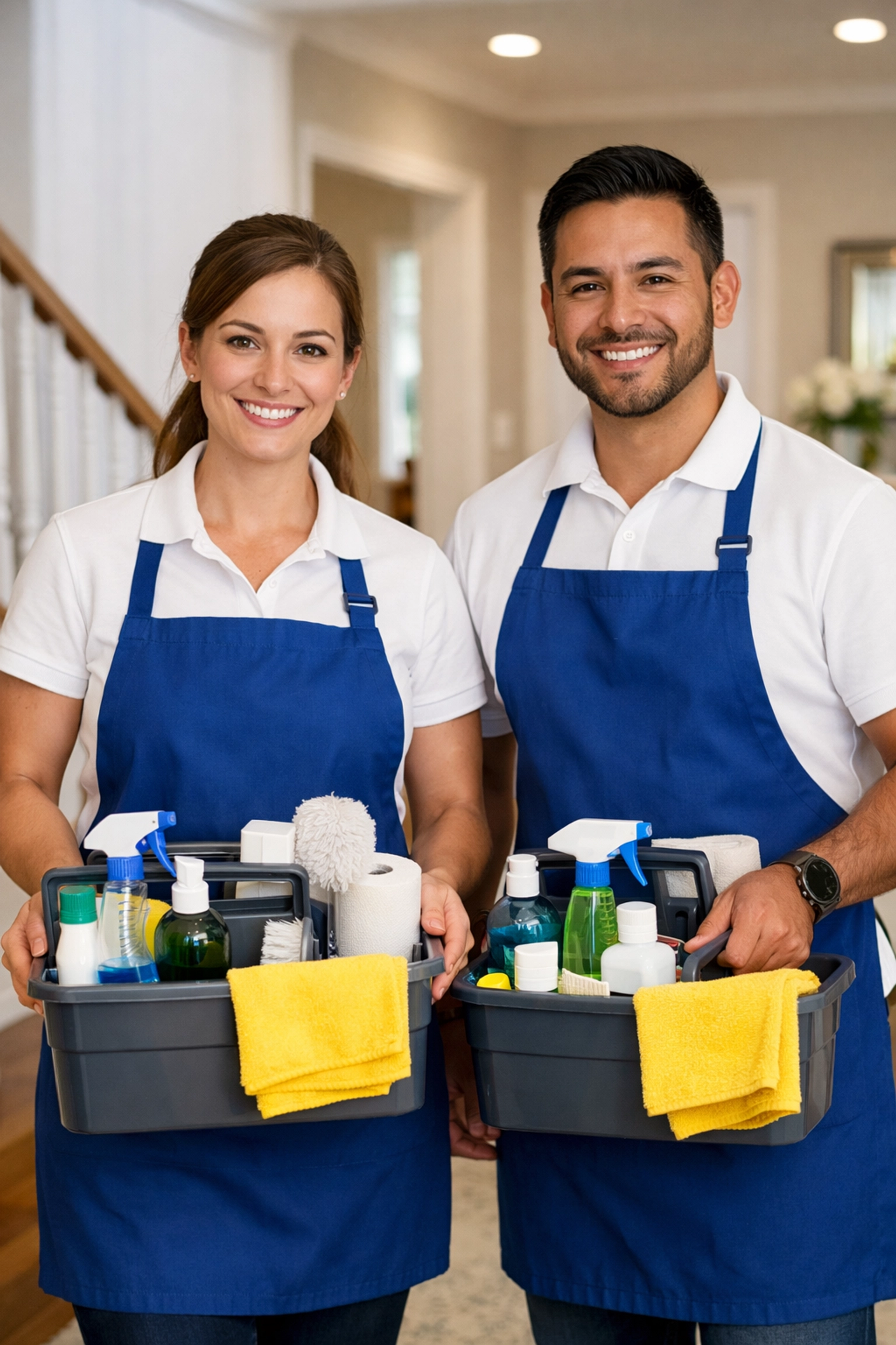 The Cleaning Ninjas professional cleaners Shirley MA team posing in a fresh, clean home foyer.