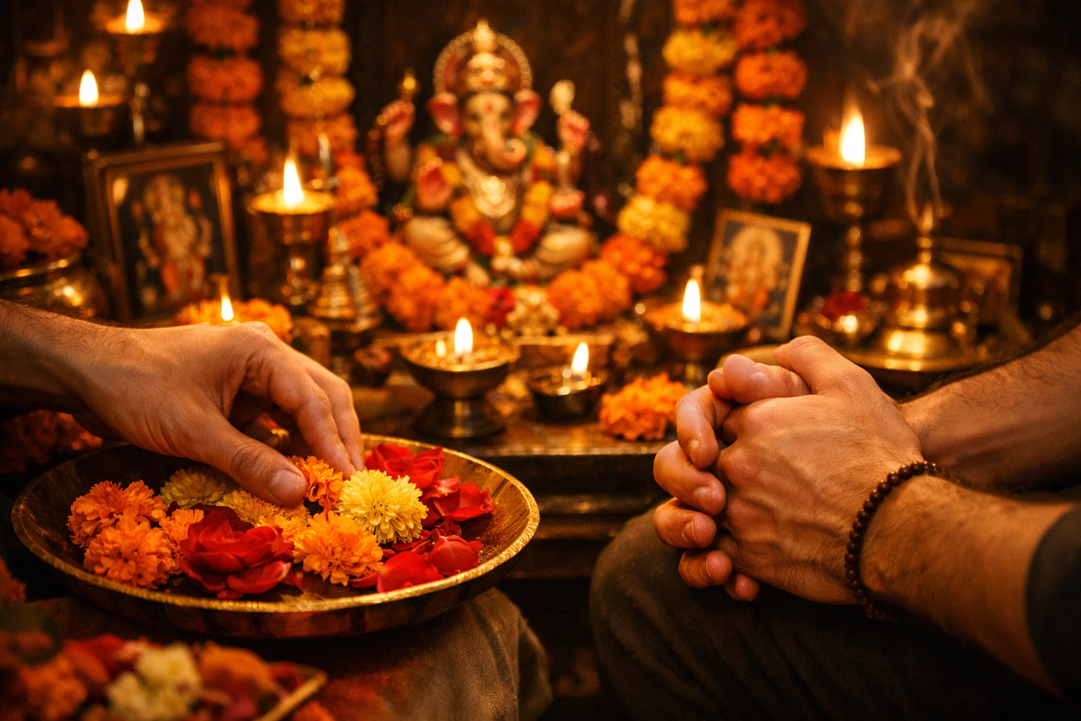 Male hands intertwined at Hindu prayer altar representing faith and LGBTQ+ love during Holi