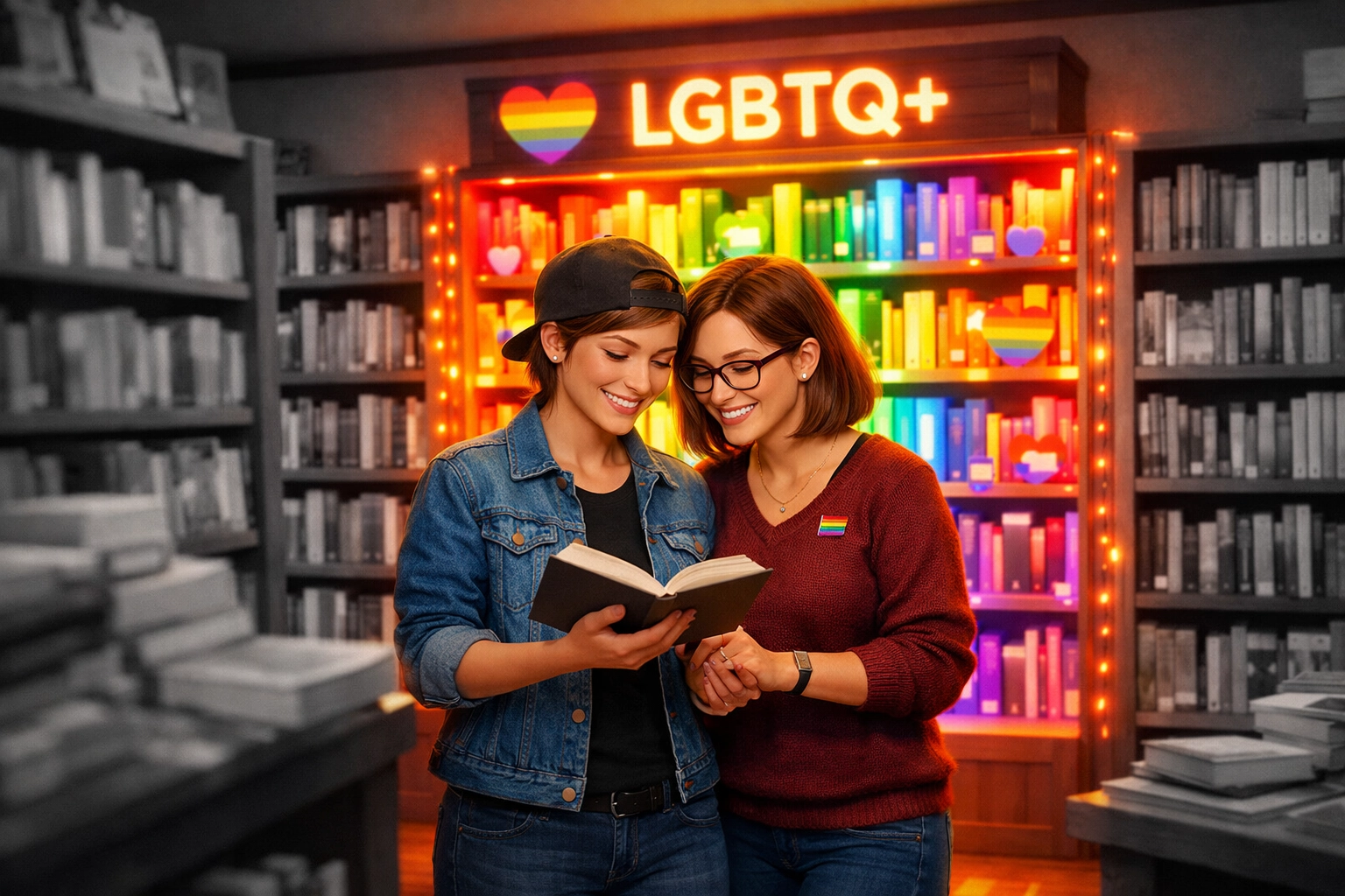 A lesbian couple browsing a vibrant niche LGBTQ+ book section in a modern, inclusive bookstore.