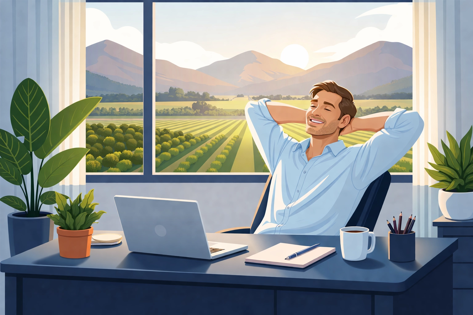 Relaxed business owner in Central Valley enjoying relief from BOI compliance stress in office
